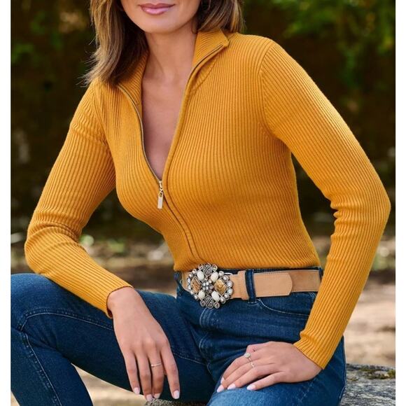 Boston Proper Sweaters - Boston Proper Sz Small Ribbed Full Zip Knit Sweater “Golden Glow” Cardigan EUC